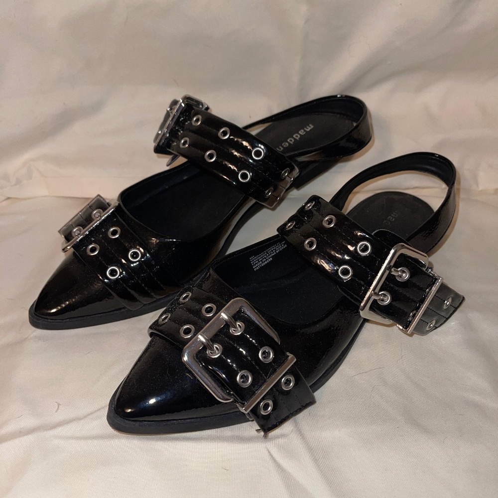 Madden Girl Black Flats with Silver Buckles Size 9